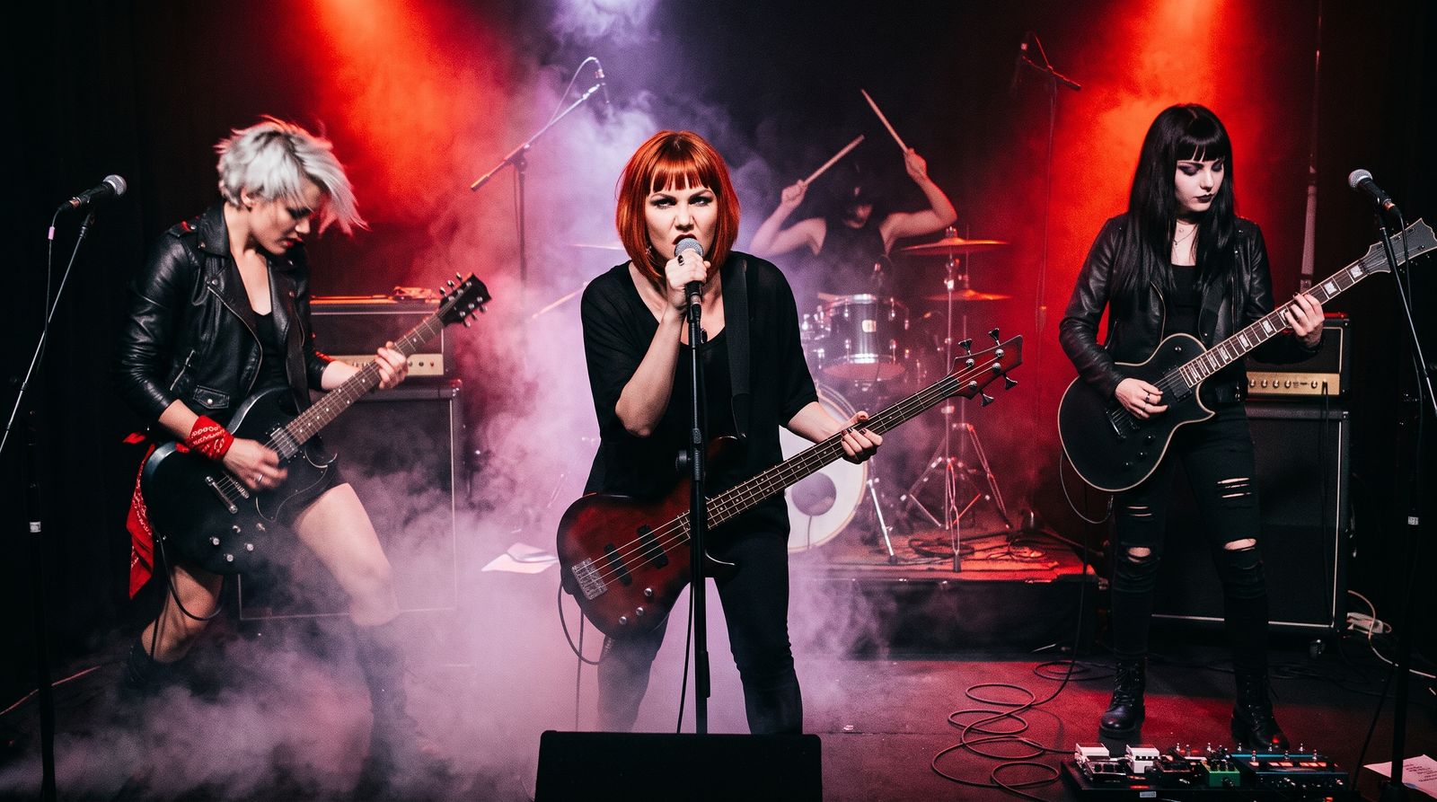 Felícia canta e toca baixo no centro do palco, com Thaiga e Cllaudia nas guitarras dos lados e Kira na bateria ao fundo, entre fumaça e luz vermelha.