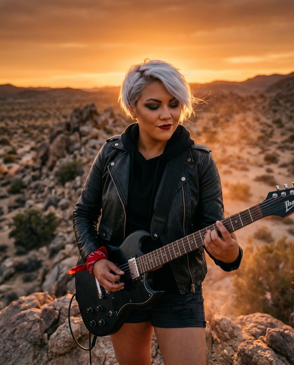 Thaiga, de cabelo platinado curto e jaqueta de couro, toca guitarra sobre as pedras do deserto ao pôr do sol, com uma bandana vermelha no pulso.